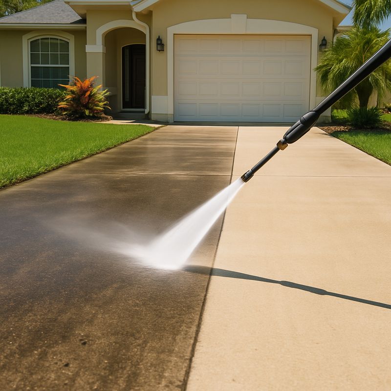 Pressure washing a driveway showing the clean and dirty contrast